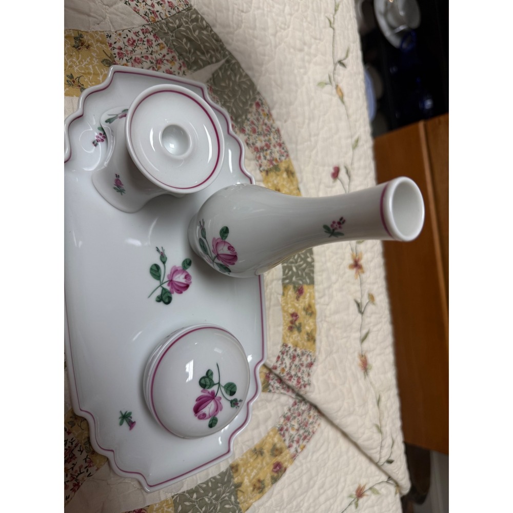 Augarten Wien Viennese Rose Porcelain Vanity Set Tray Vase Trinket Box 4pc - Picture 4 of 7